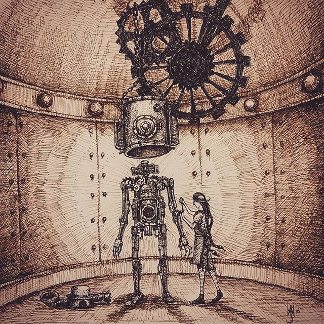 Naked Steam Automaton! Today's sketch! #automaton #cloudtoparchipelago #steampunk #sketchaday #sketch #sketchbook #penandink #rotring #rohrerandklingner #fineliner #cogs #robot #mechanic #inventor #rust