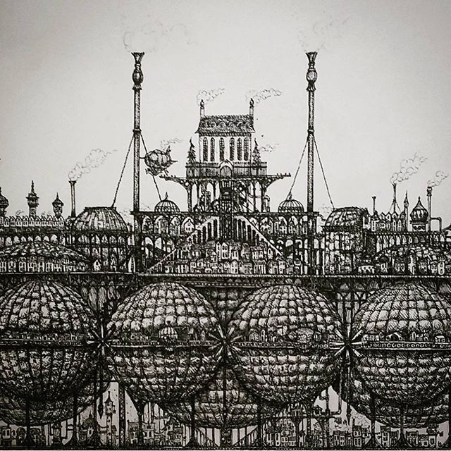 No sketch today due to work pressure! So here is a detail from my Flying City picture! #laputa #cloudtoparchipelago  #penandink #rotring #sketchaday #sketchbook #fineliner #steampunk #airship #hotairballoon #castleinthesky