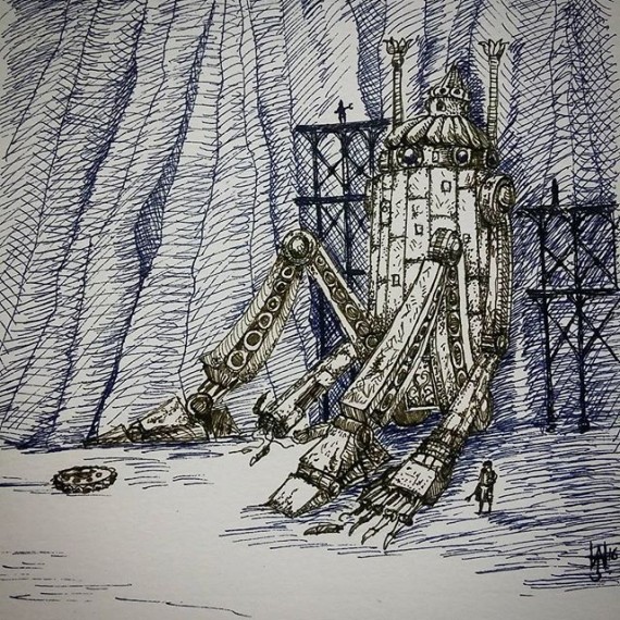Colossus. Today’s sketch. #sketchaday #cloudtoparchipelago #sketchbook #steampunk #illustration #moleskine #penandink #rotring #robot #fantasyart