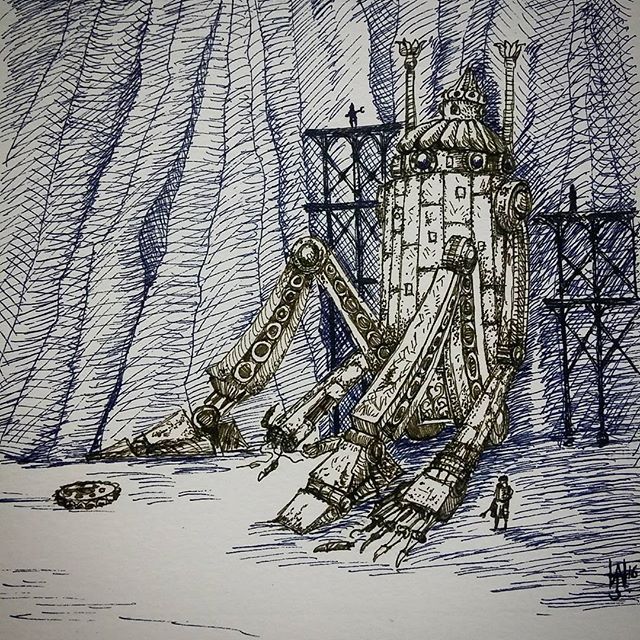 Colossus. Today's sketch. #sketchaday #cloudtoparchipelago #sketchbook #steampunk #illustration #moleskine #penandink #rotring #robot #fantasyart