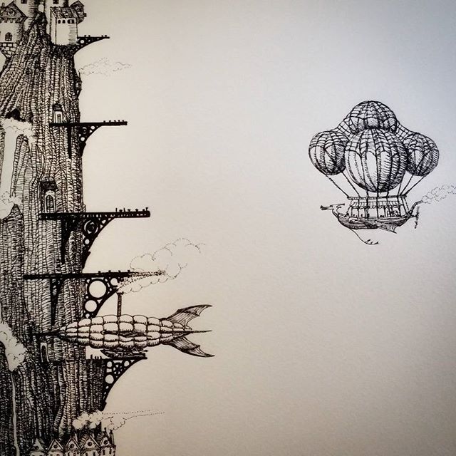 Landing at the lufthafen! #hotairballoon #airships #sketchaday #cheatingwithanoldpicturebecauseihadnotimetoday #cloudtoparchipelago #sketchbook