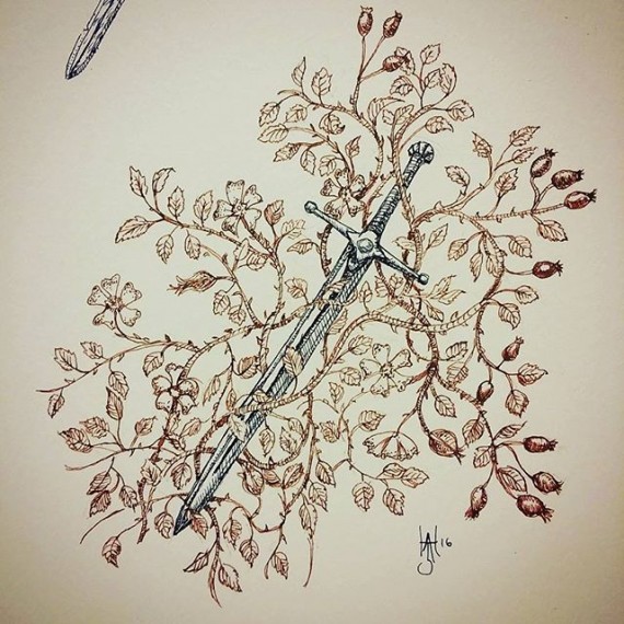 Sword in dog rose sketch. Today’s sketch of the day. #sketchaday #sword #penandink #fantasyart #bookillustration #sketchbook #sketch #moleskine #rotring #rohrerandklingner