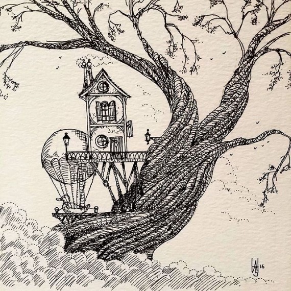 Today’s sketchy effort! #treehouse #sketchaday #penandink #drawing #hotairballoon