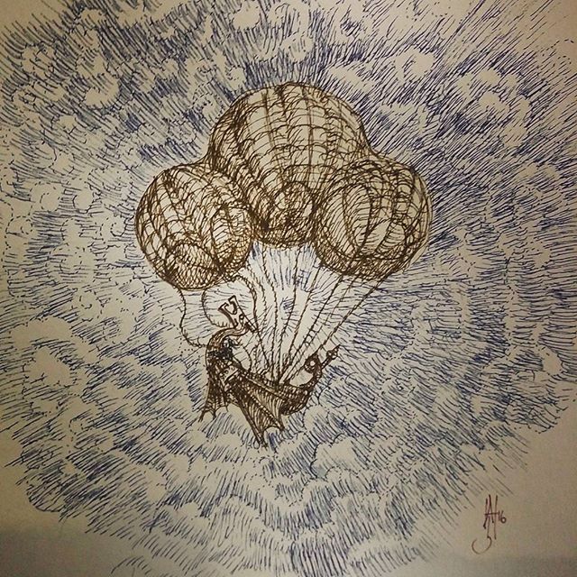 Airship in trouble! Today's sketch. #sketchaday #airship #hotairballoon #rotring #sketch #steampunk #fantasyart #eyeofthestorm #rohrerandklingner #cloudtoparchipelago #sketchbook #earlyflight #laputa #illustration #finliner
