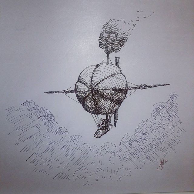 Personal Airship. Today's sketch! #sketchaday #sketch #sketchbook #airship #hotairballoon #steampunk #zeppelin #rotring #rohrerandklingner #penandink #moleskine #cloudtoparchipelago