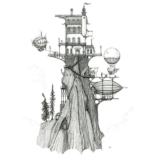 An Inn from the Cloud top Archipelago. Large pen and ink drawing. #penandink  #airship #hotairballoon #steampunk #rotring #rohrerandklingner #dalerrowney #fineliner #cloudtoparchipelago #fantasyart #steam