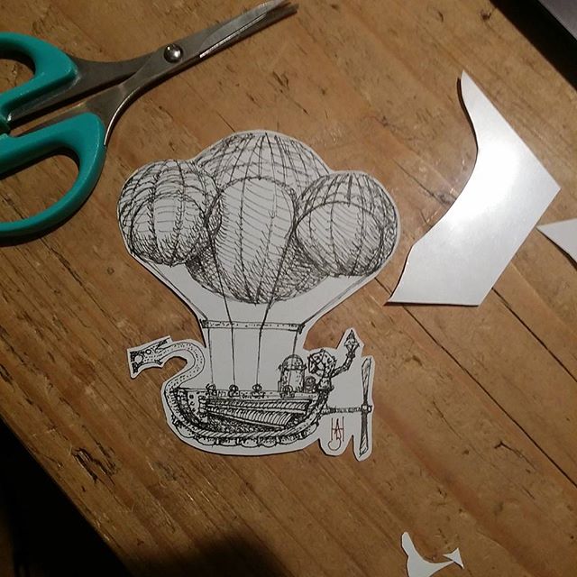 Today's sketch is an experiment in shrinkydink plastic, badge making. Putting in the oven now and will post the result shortly! #shrinkydinks #airship #rotring #hotairballoon #badge #penandink #rohrerandklingner #pinbadge