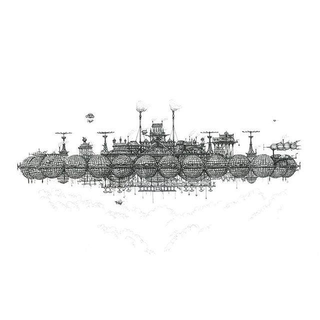 The full large flying city drawing. #penandink  #airship #hotairballoon #steampunk #rotring #rohrerandklingner #dalerrowney #fineliner #cloudtoparchipelago #fantasyart #steam