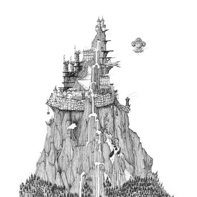 The free mountain city. Large pen and ink drawing. #penandink  #airship #hotairballoon #steampunk #rotring #rohrerandklingner #dalerrowney #fineliner #cloudtoparchipelago #fantasyart #steam #mountains #bookillustration #illustration