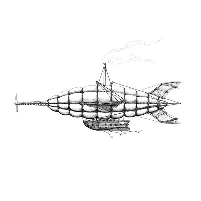 A small air yacht. Cloud top archipelago pen and ink drawing.  drawing. #penandink  #airship #hotairballoon #steampunk #rotring #rohrerandklingner #dalerrowney #fineliner #cloudtoparchipelago #fantasyart #steam