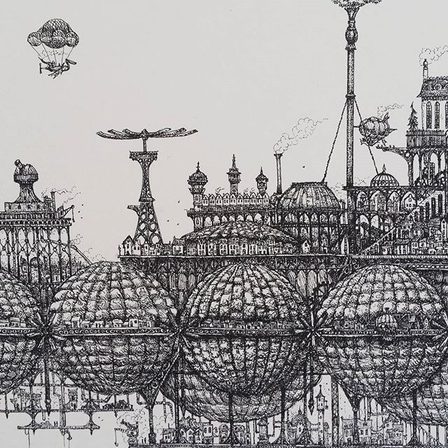 A detail from my large flying city drawing. #penandink  #airship #hotairballoon #steampunk #rotring #rohrerandklingner #dalerrowney #fineliner #cloudtoparchipelago #fantasyart #steam