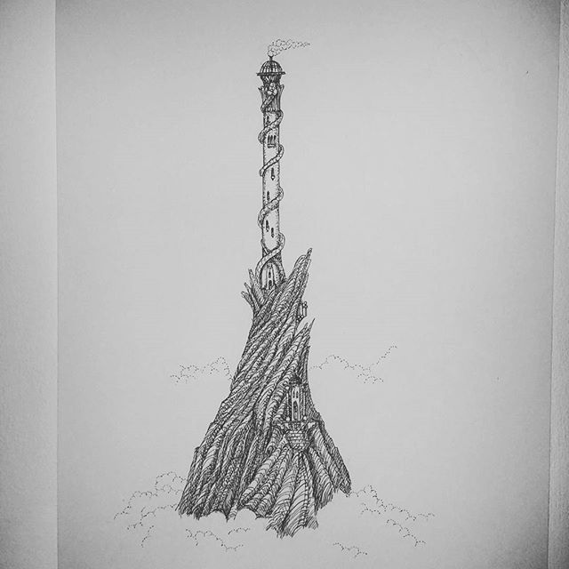Today's sketch is the Tower of the Serpent! #cloudtoparchipelago #castle #citadel #penandink #fineliner #dalerrowney #rohrerandklingner #rotring #fantasyart #steampunk #sketch #sketchbook #sketchaday