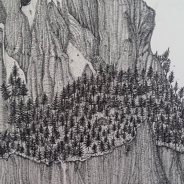 A cabin in the woods. #sketchaday #sketchbook #mountains #woods #forest #trees #illustration #bookillustration #penandink #rotring #fineliner #rohrerandklingner #dalerrowney #cloudtoparchipelago