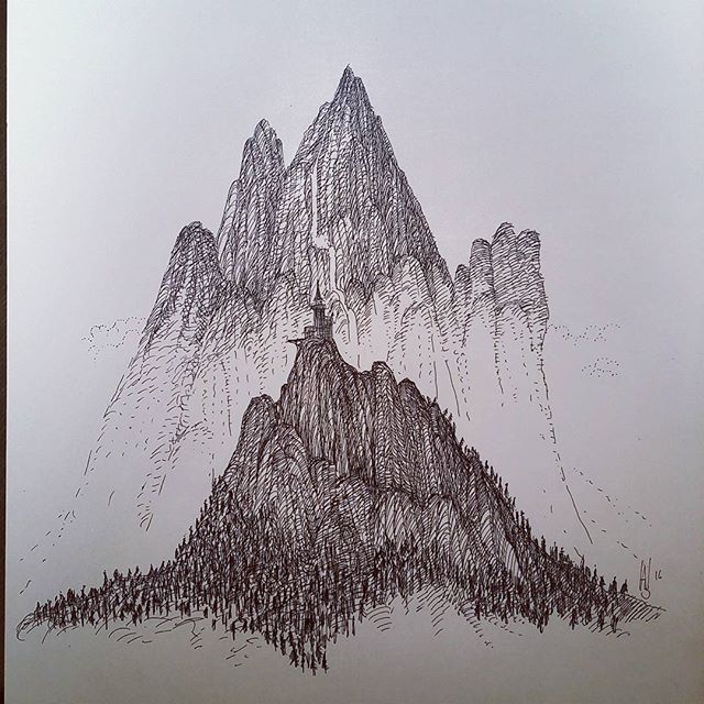 Second pen and ink attempt at misty  mountain. #cloudtoparchipelago #sketchaday #sketchbook #sketch #illustration #bookillustration #penandink #rotring #rohrerandklingner #fantasyart #steampunk #mountains