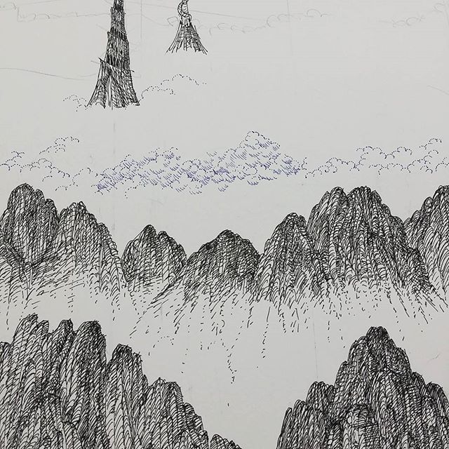 Detail from a test sketch for a large picture to appear in my exhibition at @corridorgallery #brighton this May. Trying to decide on ink colour for clouds. #cloudtoparchipelago #penandink #sketch #sketchbook #rotring #mountains #fantasyart #steampunk #mist #illustration #bookillustration