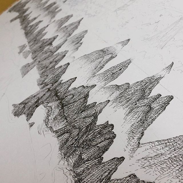 After a day of drawing pen and ink mountains I can no longer feel my wrist!! A sneak peek at work for my may exhibition @corridorgallery #brighton #cloudtoparchipelago #penandink #drawing #illustration #fantasyart #mountains #rotring #rohrerandklingner #fineliner