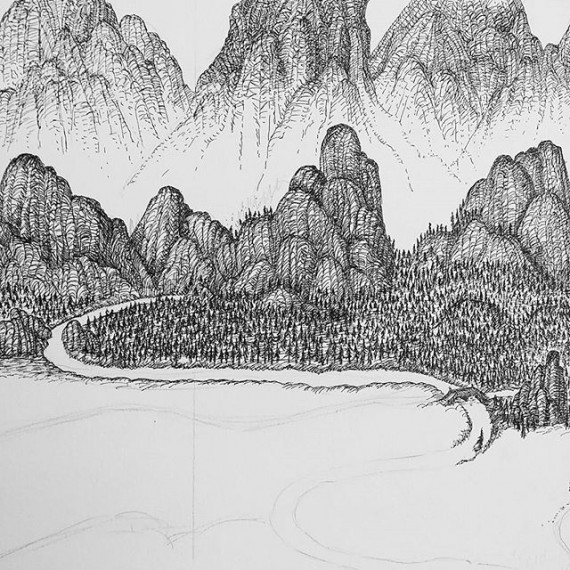 A bit of today's progress. Small detail of the large piece I am working on at the moment. #cloudtoparchipelago #penandink #mountains #fantasyart #rotring #fineliner #mist #steampunk #forest #illustration