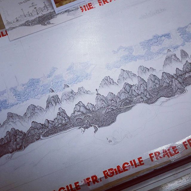 Very large pen and ink drawing in progress for my May exhibition @corridorgallery #brighton #cloudtoparchipelago #mountains #penandink #fantasyart #fineliner #rotring #rohrerandklingner #fabriciano #steampunk #clouds #drawing #illustration #landscape