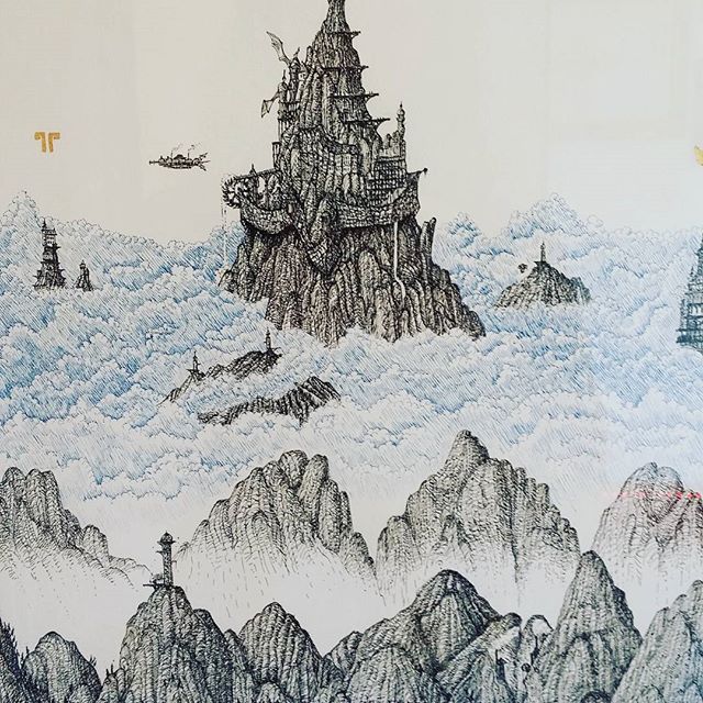 Another detail from my picture of The Cloudtop Archipelago is the centrepiece of my exhibition at @corridorgallery #Brighton. Exhibition on til 29th May. #cloudtoparchipelago  #penandink #rotring #goldleaf #rohrerandklingner #fantasyart #mountains #forest #steampunk #airship #laputa #hotairballoon #drawing #exhibition #aaronhowdle #illustration #brightonfestival #Brightonfringe