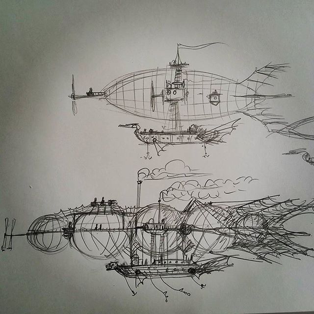 Some very quick pencil sketches of airships. I'll work one of these up into a proper ink drawing. #cloudtoparchipelago #pencil #sketch #sketchbook #airship #dirigible #hotairballoon #steampunk #fantasyart