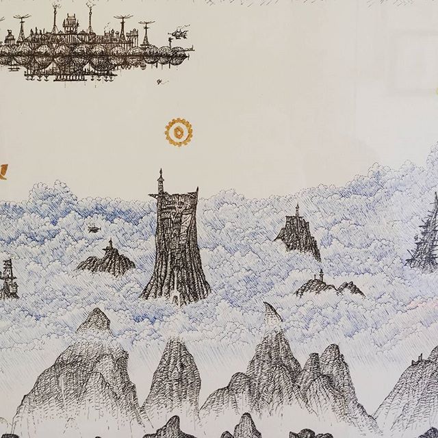 More detail from my picture of The Cloudtop Archipelago is the centrepiece of my exhibition at @corridorgallery #Brighton. Exhibition on til 29th May. #cloudtoparchipelago  #penandink #rotring #goldleaf #rohrerandklingner #fantasyart #mountains #forest #steampunk #airship #laputa #hotairballoon #drawing #exhibition #aaronhowdle #illustration #brightonfestival #Brightonfringe