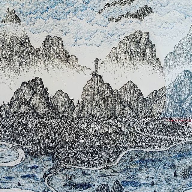 Detail from my picture of The Cloudtop Archipelago is the centrepiece of my exhibition at @corridorgallery #Brighton. Exhibition on til 29th May. #cloudtoparchipelago  #penandink #rotring #goldleaf #rohrerandklingner #fantasyart #mountains #forest #steampunk #airship #laputa #hotairballoon #drawing #exhibition #aaronhowdle #illustration #brightonfestival #Brightonfringe