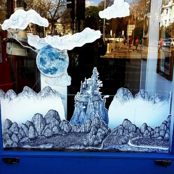 The window display for my exhibition with flying airships! Exhinition is on until the 27th May @corridorgallery #brighton  #brightonfestival #cloudtoparchipelago #penandink #drawing #illustration #steampunk #fantasyart #royring #exhibition