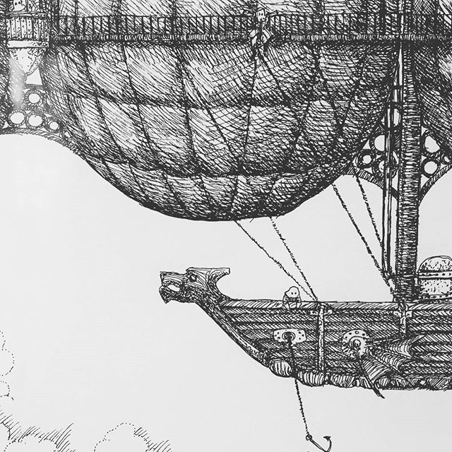 A detail from Pirate Rig "Stickleback". A new airship from my exhibition @corridorgallery #brighton. Until 29th May. #cloudtoparchipelago #airship #dirigible #hotairballoon #steampunk #fantasyart #penandink #penandinkdrawing #rotring  #fineliner  #rohrerandklingner #aaronhowdle #illustration #illustrator #hatching