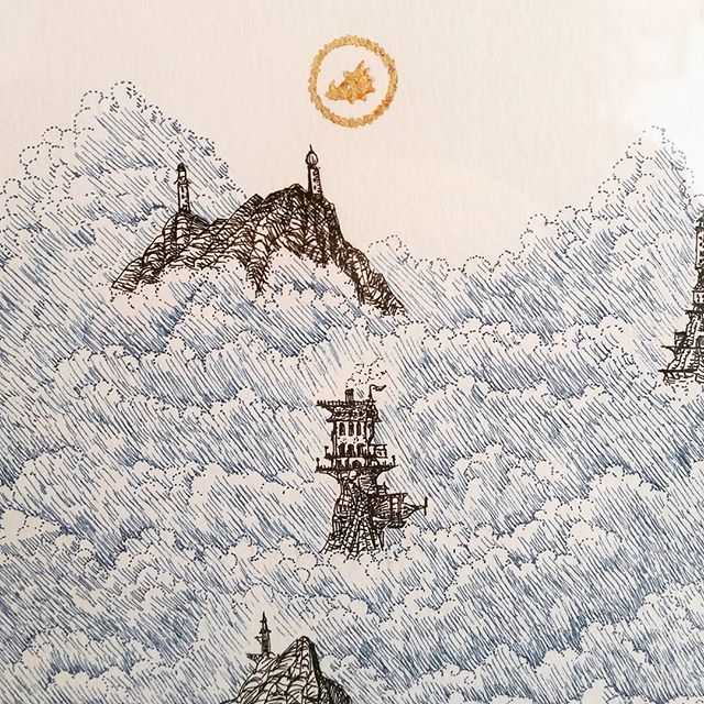 Another detail from my large pen and ink drawing "The Cloudtop Archipilego" on show at @corridorgallery #brighton #cloudtoparchipelago #penandinkdrawing #penandink #rotring #brightonfringe #brightonfestival #goldleaf #gilding #fantasyart #castles #steampunk #illustration #illustrations #drawing