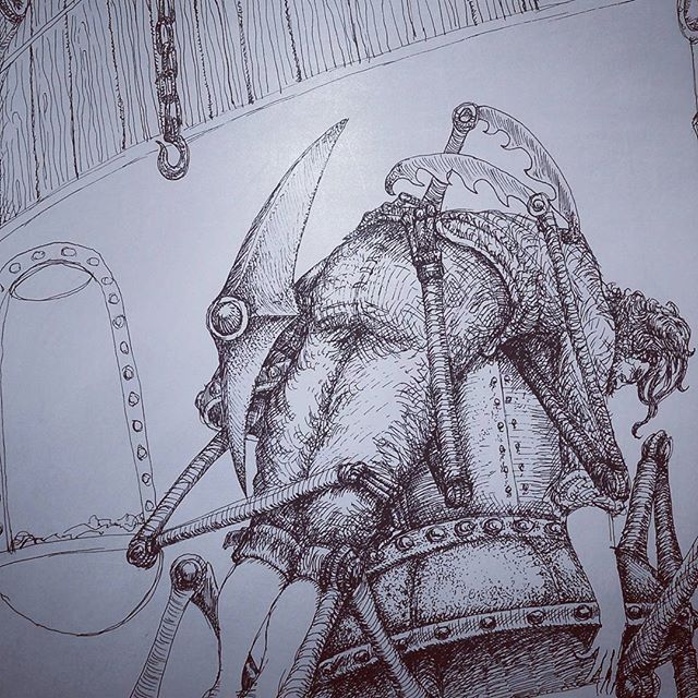 Amaryn's dad is kidnapped by one of the Triplets. Sketching for one my Cloudtop Archipelago  book illustrations. #cloudtoparchipelago #amaryn #penandink #penandinkdrawing #rotring #isograph #fantasyart #illustration #bookillustration #automaton #robot #sketchaday #sketchbook #sketch #steampunk #steampunkart