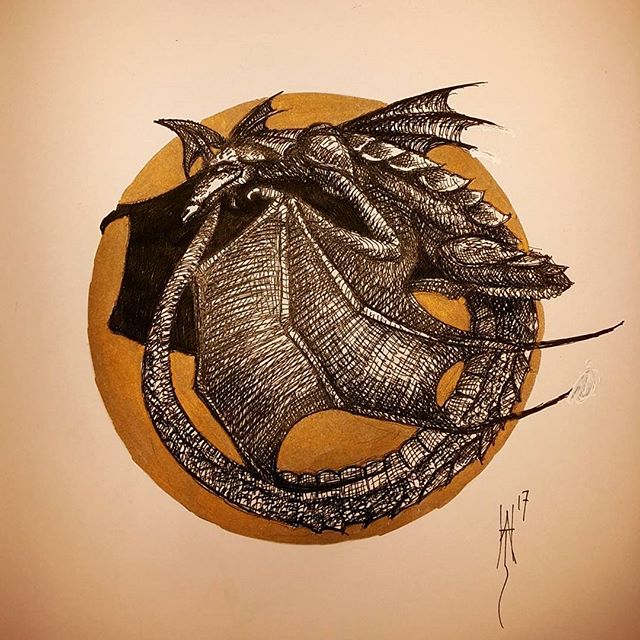 Another sleepy dragon #dragon #penandink #penandinkdrawing #fineliner #rotring #isograph #dungeonsanddragons #dandd #rpg #sketch #sketchbook #gold #sharpie #fantasyart #fantasy #lotr