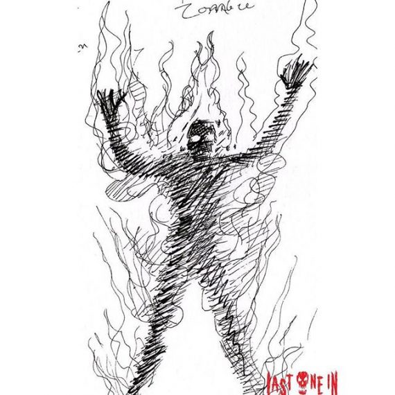 Fire Zombie #sketch #drawing for @lastonein_game our zombie card game. Now live on #kickstarter! https://tinyurl.com/y7actuzt #penandink #sketch #zombies #undead #cardgame #boardgame #tabletop #gamesnight #horrorart #zombieapocalypse #survivalhorror