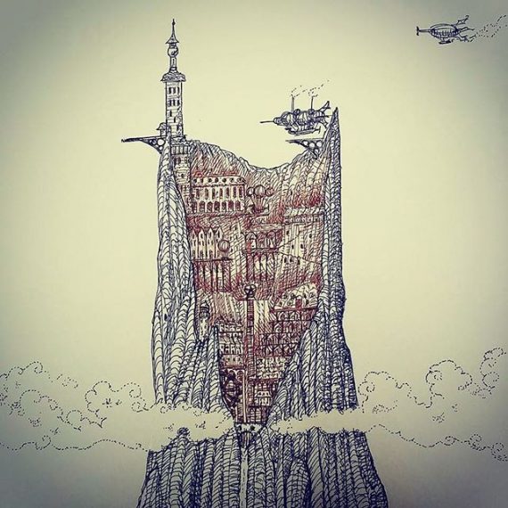 The city in the mountain. #sketch #sketchbook #penandink #rotring #rohrerandklingner #caputmortuum #clouds #mountain #airship #lighthouse #fantasyart #fineliner #steampunk #scifi #illustration