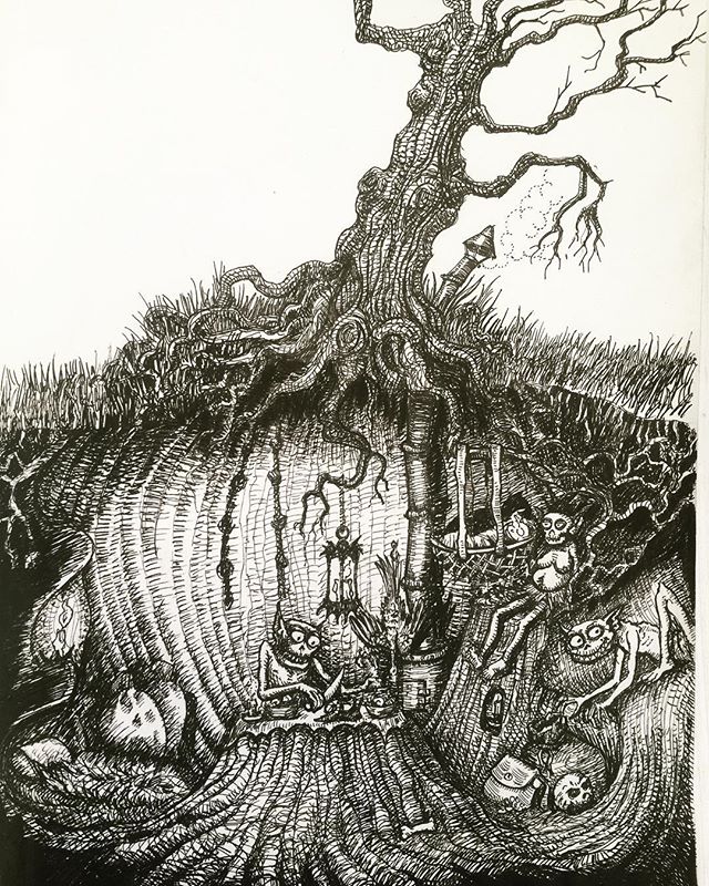 Goblin household. #fantasyart #rpg #dungeonsanddragons #penandink #illustration #lair #goblin #fineliner #fountainpen #carbonink #rotring #fantasy #bookillustration