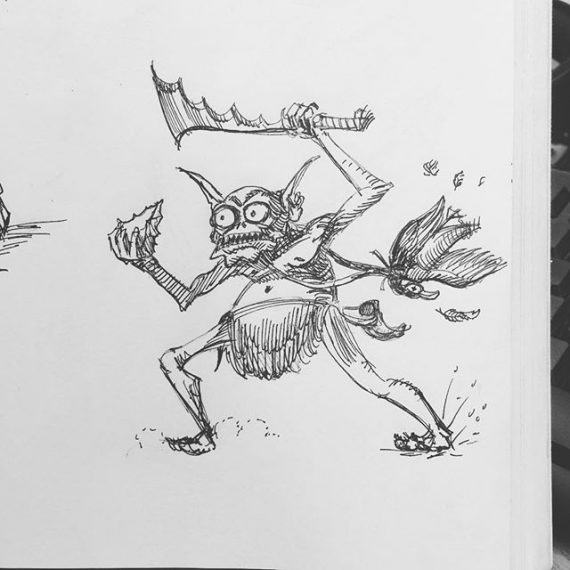 A Goblin defends his dinner! #sketchbook #sketch #fantasyart #fineliner #penandink #inkdrawing #carbonink #fountainpen #characterdesign #bookillustration #rpg #tabletop #dungeonsanddragons