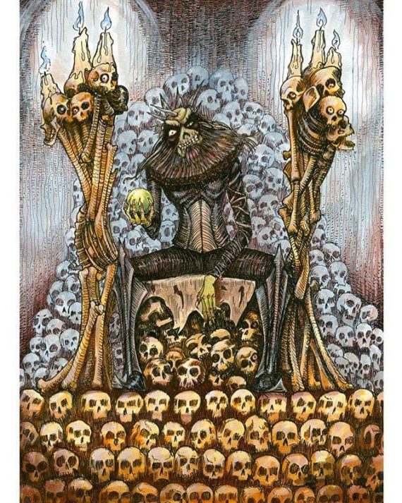 King of The Dead. Ink drawing, painted in coloured ink for @lastonein_game inkandwash #penandink #zombies #undead #fantasyart #skulls #cardgamre #boardgame #illustration #rpg #tabletop #rohrerandklingner #rotring