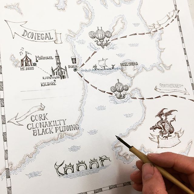 My first ever use of a mapping pen to draw an actual map! #wales #ireland #mappingpen #rotring #penandink #rohrerandklingner #ink #illustration #weddinginvitation #airships #fantasyart