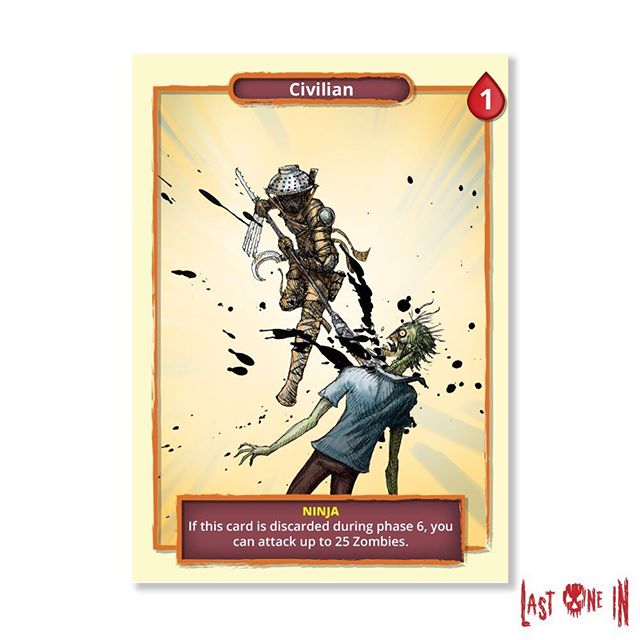 zombie problem? It’s okay we’ve got a Ninja and he’s taped kitchen knives to his FIST. Play with his card and many more in @lastonein_game by backing our Kickstarter https://tinyurl.com/yc3z9g45 #zombies #ninja #cardgame #boardgame #tabletop #cardart #zombieapocalypse #horrorgame
