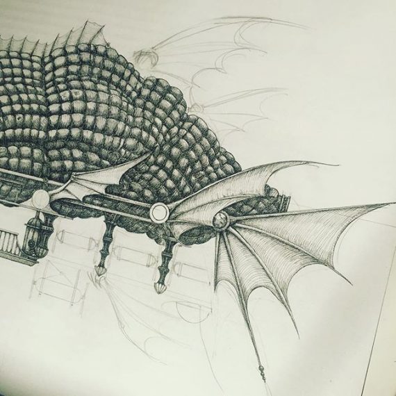 New airship drawing in progress. #penandink #airship #hotairballoon #fins #rotring #aristo #fineliner #fantasyart #illustration