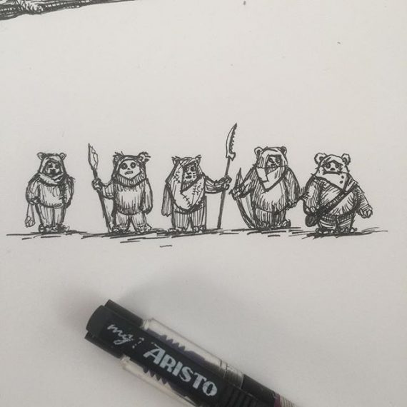 Tiny Ewok drawing tests. (They are about 10mm tall). There will be lots of them in a big piece of work for a Star Wars exhibition at @dynamitegallery Brighton. #starwars #returnofthejedi #rotj #ewoks #endor #penandink #rotring #aristo #fineliner