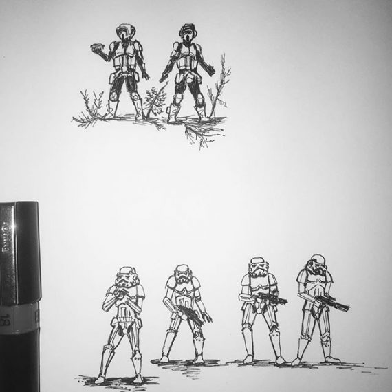 Mini Stormtrooper and Scout Trooper practice sketches for a large Star Wars picture which I’m working on for an exhibition @dynamitegallery Brighton. #stormtroopers #scouttroopers #starwars #rotj #endor #returnofthejedi #battleofendor #penandink #rotring #aristo #fineliner
