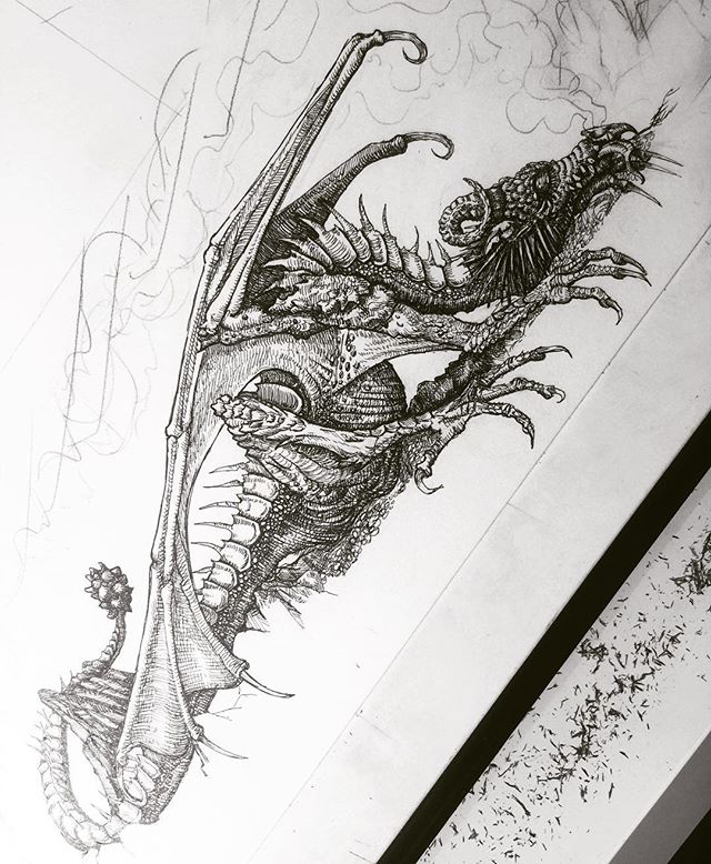 New large work in progress. Here is a small detail so far #dragon #rotring #penandink #fineliner #fantasyart #dungeonsanddragons #horns #spines
