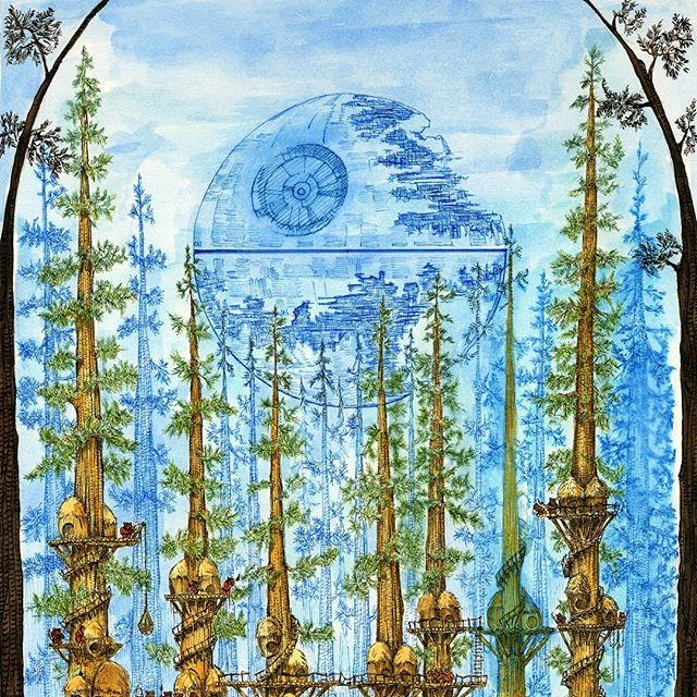 Full Endor picture scan part three. Currently on display and sale at Dynamite Gallery in Brighton as part of their War in the Stars exhibition. #penandink #inkwash  #stormtroopers #redwoodforest #returnofthejedi #rohrerandklingner #starwars #scoutwalker #atst #rotring #atisto