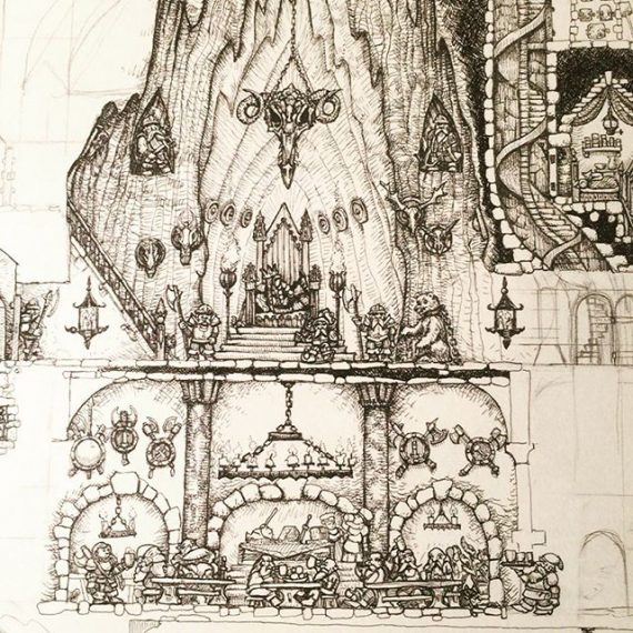 Detail of the big drawing I’m working on of an underground dwarf fortress. #rohrerandklingner #rotring #penandink #fineliner #dwarfkingscourt #dwarves #dwarffortress #dungeonsanddragons #rpg #fantasyart #illustration
