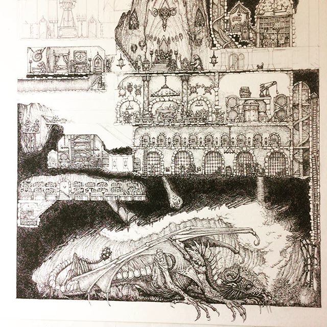 A bit more progress on the picture. It’s pretty big. You can see about half here. The picture is A1 size.  #dwarves #dwarfkingscourt #dwarf #oldhammer #blackandwhiterpgillustration #penandink #rotring #warhammer #dungeonsanddragons #lotr #dragon