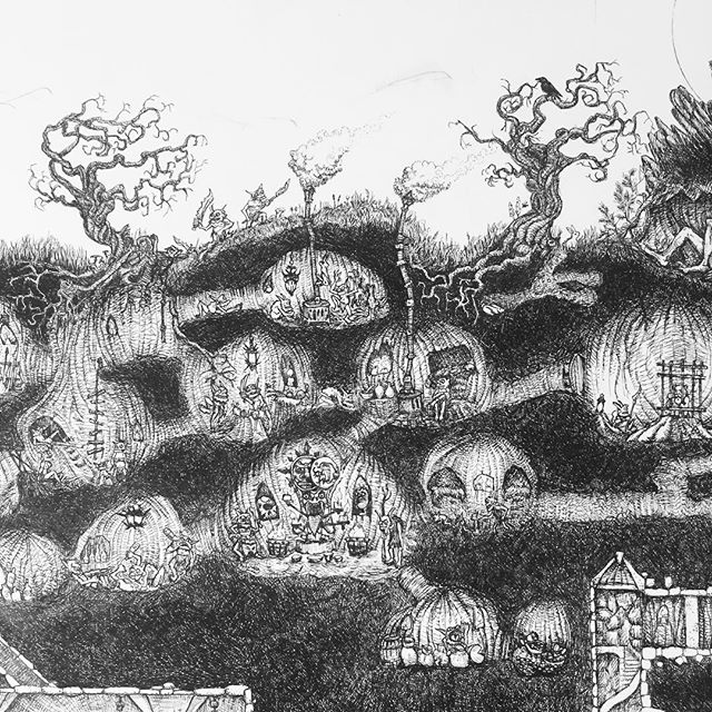 The goblin tunnels. Detail from the top of the big picture I’m working on. #rotring #penandink #fineliner #dungeonsanddragons #warhammer #lotr #goblins #dwarves #fantasyart #illustration #drawing