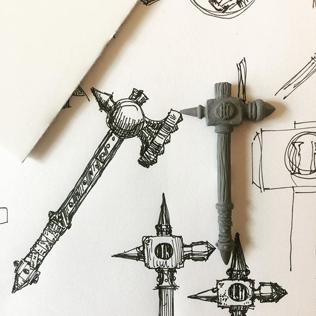 Iron Hammer sculpture and sketches. For upcoming logo photo shoot. #miniaturesculpting #dungeonsanddragons #oldhammer #warhammer #fantasyart #sketching #penandink #greenstuff #sketchbook