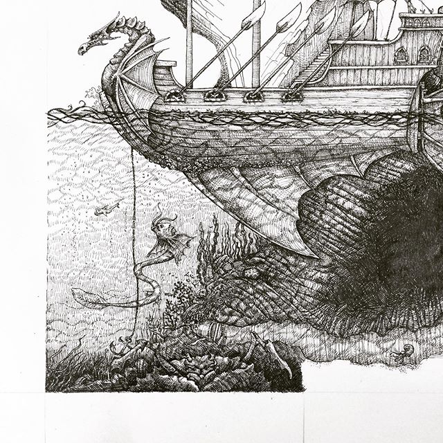 More progress on The Sorcerer’s Enclave. This is the sea at the foot of the towers of the Enclave. #underthesea #illustration #fantasyart #penandink #ship #warhammer #oldhammer #dungeonsanddragons #sea #rotring #hatching