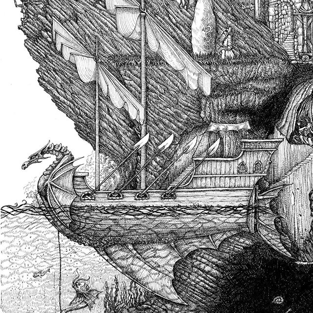 48 hrs left on my Sorcerers’ Enclave Art Print Kickstarter. And we have unlocked the dragon ferry cutaway extra free print, stretch goal. http://kck.st/2N4lZpi #penandink #fantasyart #warhammer #oldhammer #dungeonsanddragons #sailingship #fantasyart #galleon #wizard #mage #magicuser #rotring